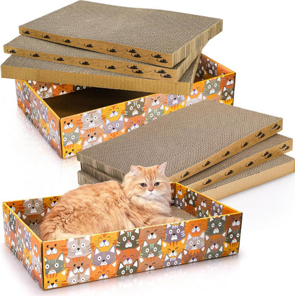Set of 2 Cardboard Cat Scratchers, 6 Pcs Corrugated Cat Scratch Pad with 2 Boxes, Cute Reversible Kitty Sofa Bed, Refillable Wave Shaped Lounge, Interactive Kitten Toy for Indoor Cats