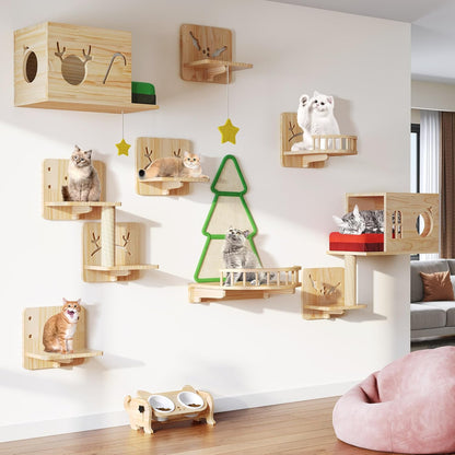 Cat Wall Shelves, Cat Wall Furniture Pine Wooden Feline Shelf, 16 Piece Shelves and Perches with Bowl, Warmer Mat, Condos, House, Steps and Cat Scratcher