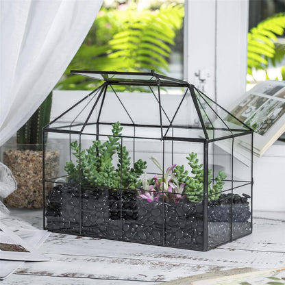 NCYP Glass Terrarium Planter with Lid for Small Succulent Cacti, Grid House Shape Black Geometric Terrarium Pot, Home Garden Indoor Tabletop Decor, 9.84" x 5.31" x 7.87" (No Plants)