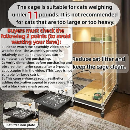 Indoor cat cage with Litter Box, Complimentary Cat Bed, Bow,lcat House with Wheels Outdoor,Large cat Villa Playpen, Small Animal Dog Kennel cat enclosures (42″(L) x18.2″(W) x46.2″(H))