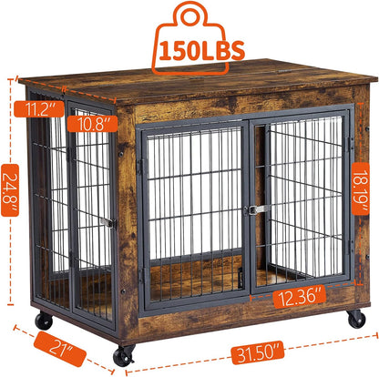 IchbinGo Dog Crate Furniture, Wooden Dog Crate Table, 31.5" Dog Kennel with 3 Doors, Flip-up Top Opening and Wheels, Decorative Pet Crate Dog House for Medium/Small Dog Indoor Use (Rustic Brown)