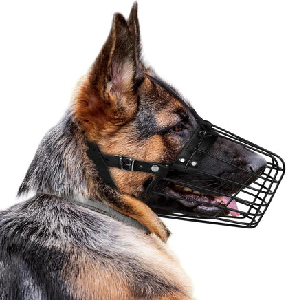 German Shepherd Dog Muzzle Metal Basket for Medium Large Dogs Adjustable Durable Leather Straps Secure Wire Mask for Biting Chewing Barking (Black, L - Size)