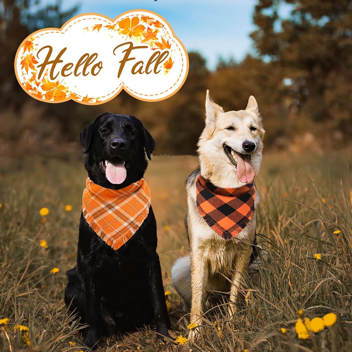 Kytely Fall Dog Bandana, 2Pack Halloween Dog Bandanas, Thanksgiving Classic Plaid Pet Scarf with Tassels Edges for Boy and Girl, Pet Apparel & Accessories Costume for Medium Large Dogs