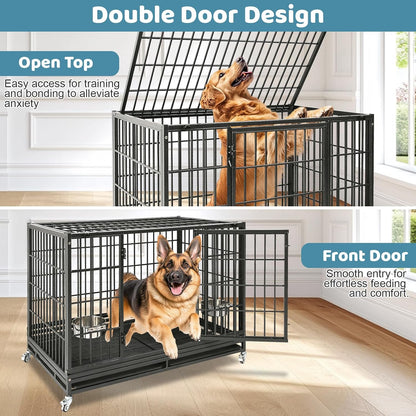 48 Inch Heavy Duty Dog Crate, Indestructible Escape Proof Big Cage for High Anxiety Large Dogs, Stackable & Collapsible XL Dog Kennel Indoor with Wheels,Dual Trays,Adjustable Bowl,Top Access