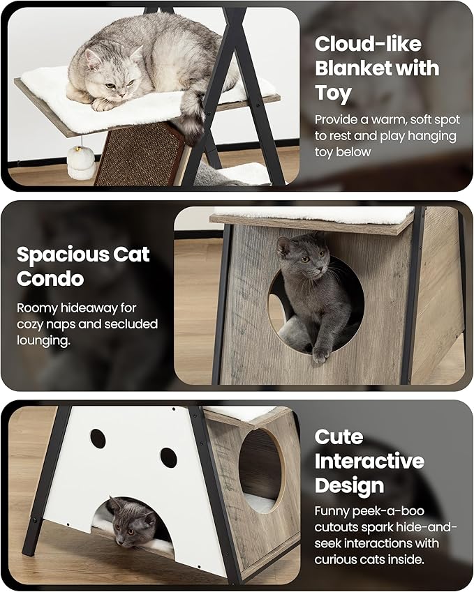 Modern Wood Cat Tree Tower for Indoor Cats Large Adult - 67 Inch Tall Multi-Level Heavy Duty Cat Condo Trees Furniture with Caves Perch Bed Scratching Board - XL Big Sturdy Wooden Kitty House