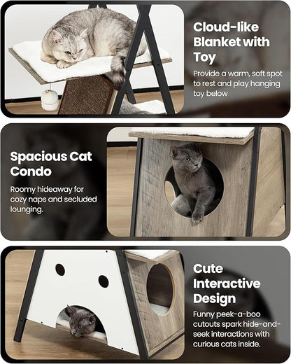 Modern Wood Cat Tree Tower for Indoor Cats Large Adult - 67 Inch Tall Multi-Level Heavy Duty Cat Condo Trees Furniture with Caves Perch Bed Scratching Board - XL Big Sturdy Wooden Kitty House
