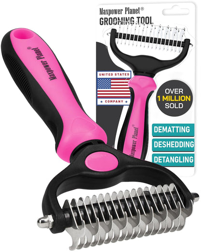 Maxpower Planet Hair Brush - Double Sided Shedding, Dematting Undercoat Rake for Dogs, Cats - Extra Wide Dog Grooming Brush, Pink