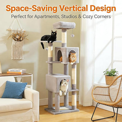 62" Cat Tree for Adult Cats - Multi-Level Tower with 2 Condos, Scratching Posts, Plush Bed & Pompoms, Gray