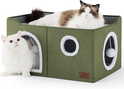 Bedsure Large Cat Beds for Indoor Cats - Extra Wide Cat Cube House for Small Pet with Fluffy Ball Hanging and Scratch Pad, Foldable Pet Cave Hideaway for Multiple Cats, 23.6x16.9x13 inches