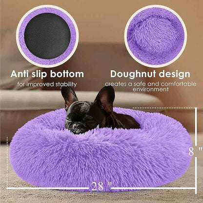 28in Large Dog Bed, Medium Size Dog and Cats, Calming Donut Bed for Puppy and Kitten, Washable Round Fluffy Pet Bed (Purple)