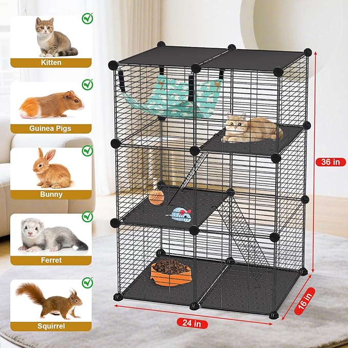Cat Cage, 3-Tier DIY Catio Cat Enclosures, 24" x 16" x 36" Cat Playpen Indoor & Outdoor with Hammock, Detachable Metal Wire Kennel Cats Crate, 2x1x3 Exercise Place for 1-2 Kitten