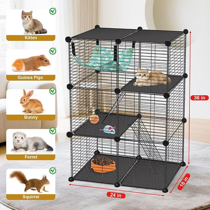 Cat Cage, 3-Tier DIY Catio Cat Enclosures, 24" x 16" x 36" Cat Playpen Indoor & Outdoor with Hammock, Detachable Metal Wire Kennel Cats Crate, 2x1x3 Exercise Place for 1-2 Kitten