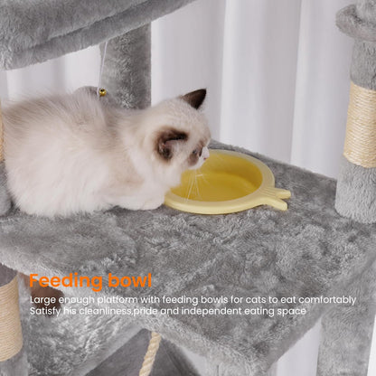 Heybly Tall Cat Tree, 78-inch Multi-Level Cat Tower for Indoor Cats, 2 Widened Plush Perches Cat Condo with Scratching Board and Big Caves, Light Gray HCT033W
