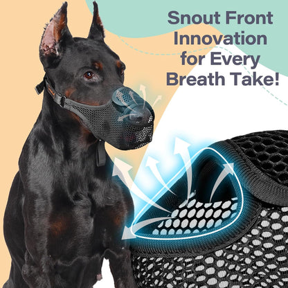 LUCKYPAW Dog Muzzle for Large Medium Small Dogs, Patented Mesh Muzzle to Prevent Biting Chewing Eating, Soft Mouth Guard with Front Opening Design for Drinking Panting(Black, L)