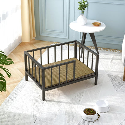 Dog Bed with Rails - Elevated Pet Metal Bed Frame with Solid Wood Board and Washable Soft Mat for Small Dog Indoor or Outdoor Use, 21.3" x 30", Black