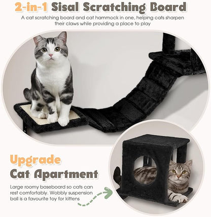 NUNU LAB Wall Mounted Cat Wall Shelves, 14-in-1 Cat Wall Climber with Bridge, Tunnel, House, Scratcher, Steps, Indoor Space-Saving Furniture for Kittens Play, Black