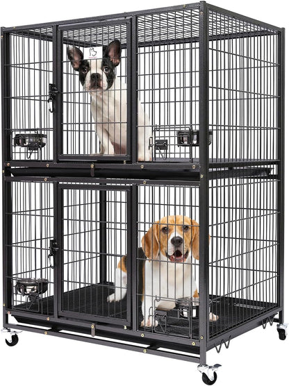 Homey Pet Two Tiers 37 Inch Dog Crate Cage Kennel with Feeding Door and Bowls, Lockable Wheels and Removable Tray, Escape Proof Metal Wire Heavy Duty Dog Crates for Medium/Small Sized Dogs (3 Pack)