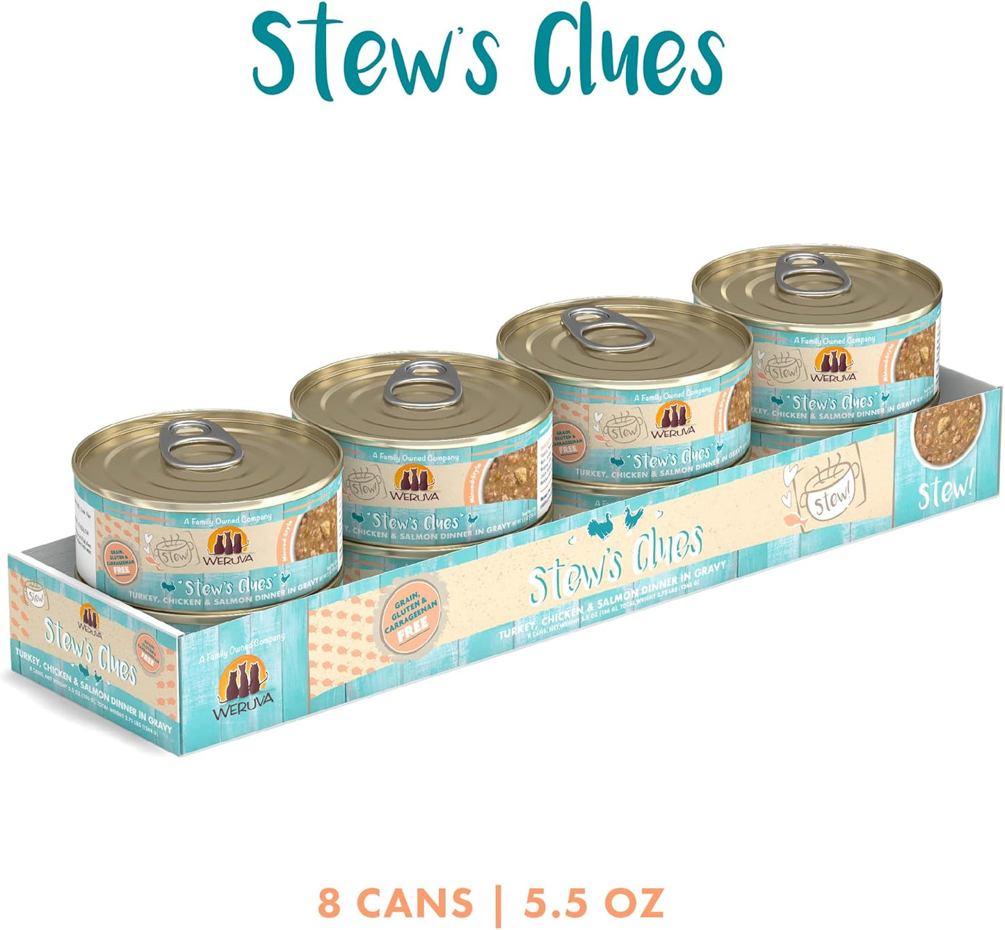 Weruva Classic Cat Stews!, Stew's Clues with Turkey, Chicken & Salmon in Gravy, 5.5oz Can (Pack of 8)