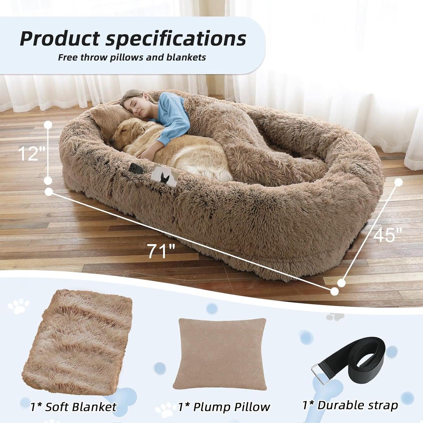 Human Dog Bed, Large Dog Beds for Humans Size Fits You and Pets, Washable Faux Fur Orthopedic Human Pet Bed for People Doze Off, Napping, Present Pillow, Blanket, Strap - Khaki