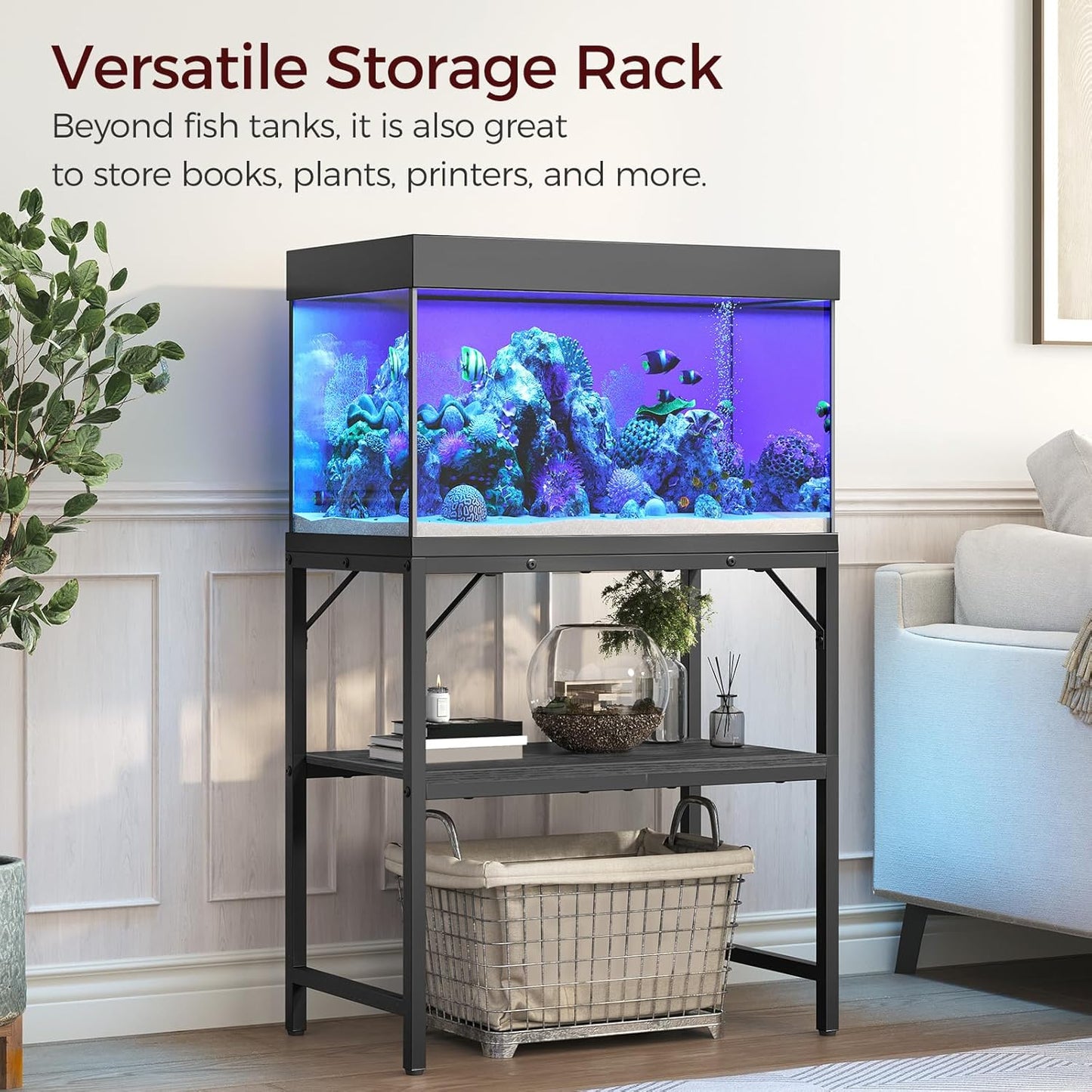 20 Gallon Fish Tank Stand, Aquarium Stand with 2-Tier Storage Shelves, Heavy Duty Breeder Turtle Terrarium Stand Rack for Home Office, 24.0" L x 11.8" W x 24.4" H, Black FTBK2001