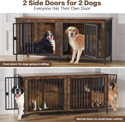 EasyCom 78 Inch Dog Crate Furniture for 2 Dogs, Extra Large Double Dog Cage Large Breed, XXL Thick Wooden Dog Crate TV Stand, Sturdy Dog Kennel with Divider