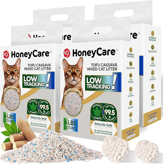 HoneyCare Cassava Tofu Mixed Cat Litter I Quick Clumping, Odor Control, Plant-Based Natural Ingredients, Non-Stick, Low Tracking, & Low Dust, 24 Lbs (4 Packs)