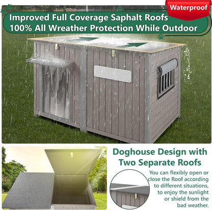 55" Extra Large Outdoor Dog House Weatherproof Wooden Doghouse Indoor for Large Breed Dogs with Anti Bite Frames with Window,10 Elevated Feet, Reinforced Bottom for Pet Up to 220LBS