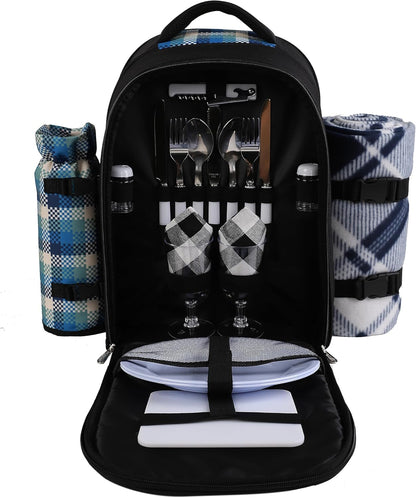 apollo walker Picnic Backpack Bag for 2 Person with Cooler Compartment, Detachable Bottle/Wine Holder, Fleece Blanket, Plates and Cutlery Set