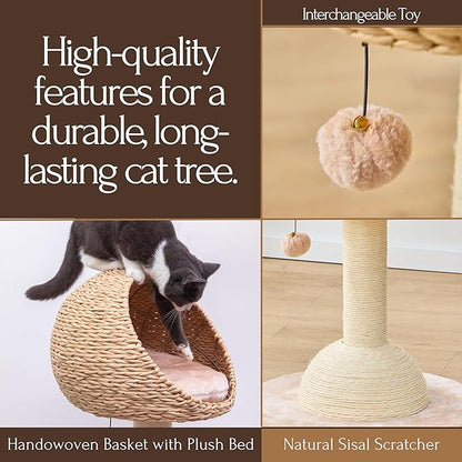 PetPals 2-Level Cat Tree with Handwoven Recycled Paper Rope Baskets, Sisal Scratching Posts, Playful Teaser Toy, Eco-Friendly, Washable Cushion, Cat Furniture (Brown Beige)
