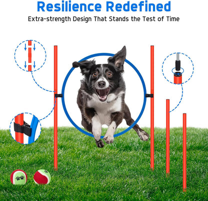 Polar Aurora Dog Agility Equipment, Dog Obstacle Courses Backyard - Pet Outdoor Games w/Adjustable High Jump, Agility Weave Poles, Tunnel, Jumping Ring, Pause Box, 2 Balls,Whistle and Carrying Bag