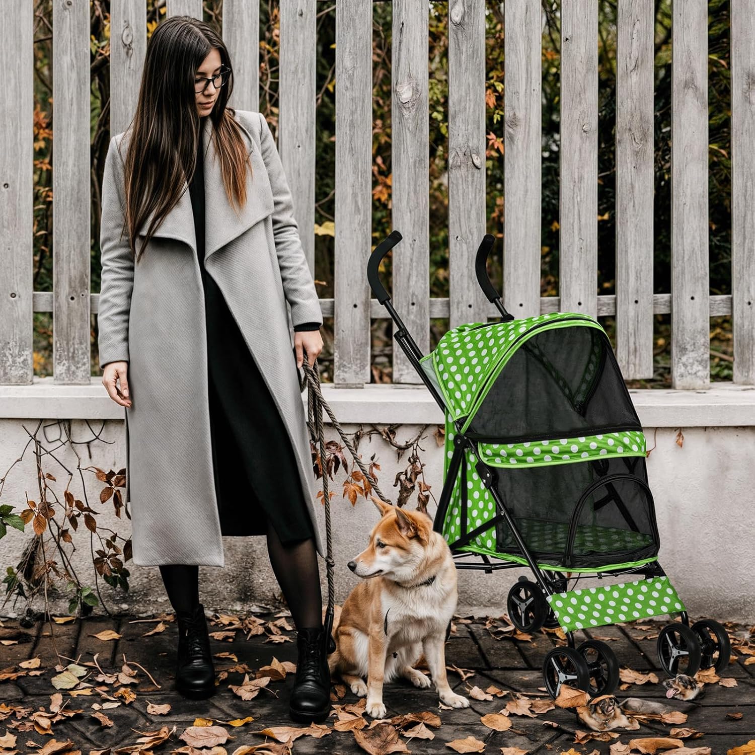 MoNiBloom 4 Wheels Pet Stroller, Easy-Fold Umbrella Shaped Dog Cat Jogger Stroller w/Storage Bag & Visible Mesh for Small/Medium Dogs Cats Lawn Green Polka Dots - Pawvie