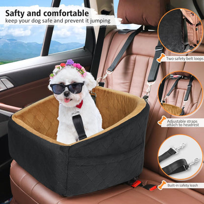 Dog Car Seat for Small Medium Dogs,Detachable Washable Dog Booster Seat Under 30lbs, Pet Car Seat Travel Bed with Storage Pockets and Dog Safety Belt(Black/Brown) - Pawvie