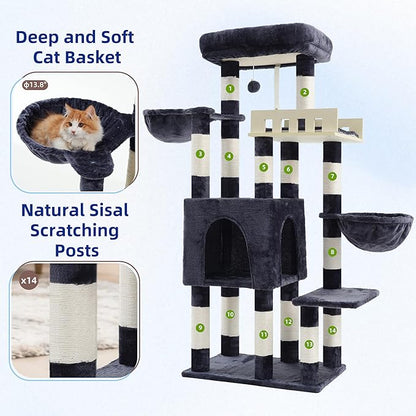 Cat Tree for Indoor Cats Large Adult, Heavy Duty Cat Tree for Large Cats 20 lbs+, Cat Condo with Big Wooden Perch, Cat Tower with 14 Scratching Posts, Hammock, Smoky Gray GCT023G