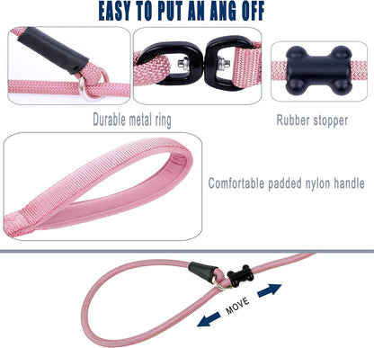 Slip Lead Dog Leash，Strong Nylon Rope Leash and Padded Handle,No Pull Outdoor Walking Training Lead for Small Medium Large Dogs (Pink, 1/2"×4ft)