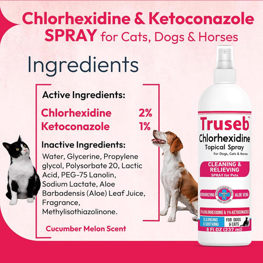Truseb Topical Ketoconazole and Chlorhexidine Spray for Dogs, Cats, and Horses with Aloe - 8 oz (Ketoconazole & Chlorhexidine Spray, 8 oz)