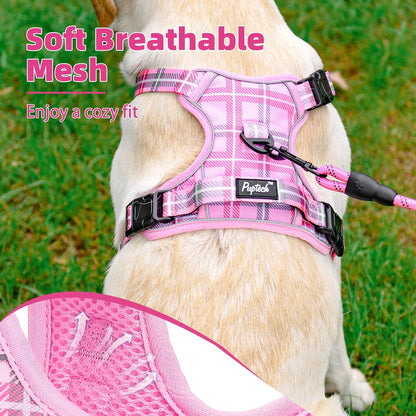 PUPTECK No Pull Dog Harness for Large, Adjustable Reflective Dog Harness with Handle Easy Control, Comfortable Soft Padded Pet Vest Harness for Large Dogs, Plaid Pink L