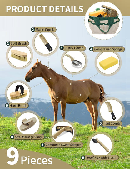 9 Pieces Horse Grooming Kit, Tack Room Supplies Set with Tote Bag, Horse Brush Set for Effective Cleaning and Bathing, Professional Equine Coat Care Kit for Horse Riders Beginner