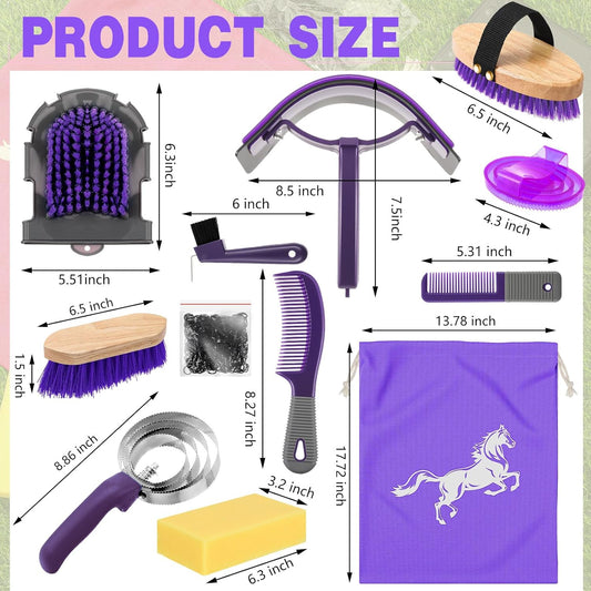 Abbylike 12 Pieces Horse Grooming Kit Racing Festival Tack Room Supplies Horse Brush Sets Equine Care Cleaning Kit Shedding Grooming Massaging Tools(Gray and Purple)