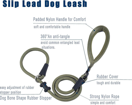 Slip Lead Dog Leash,Strong Nylon Rope Leash and Padded Handle,No Pull Outdoor Walking Training Lead for Small Medium Large Dogs(Army Green,1/2"×4ft)