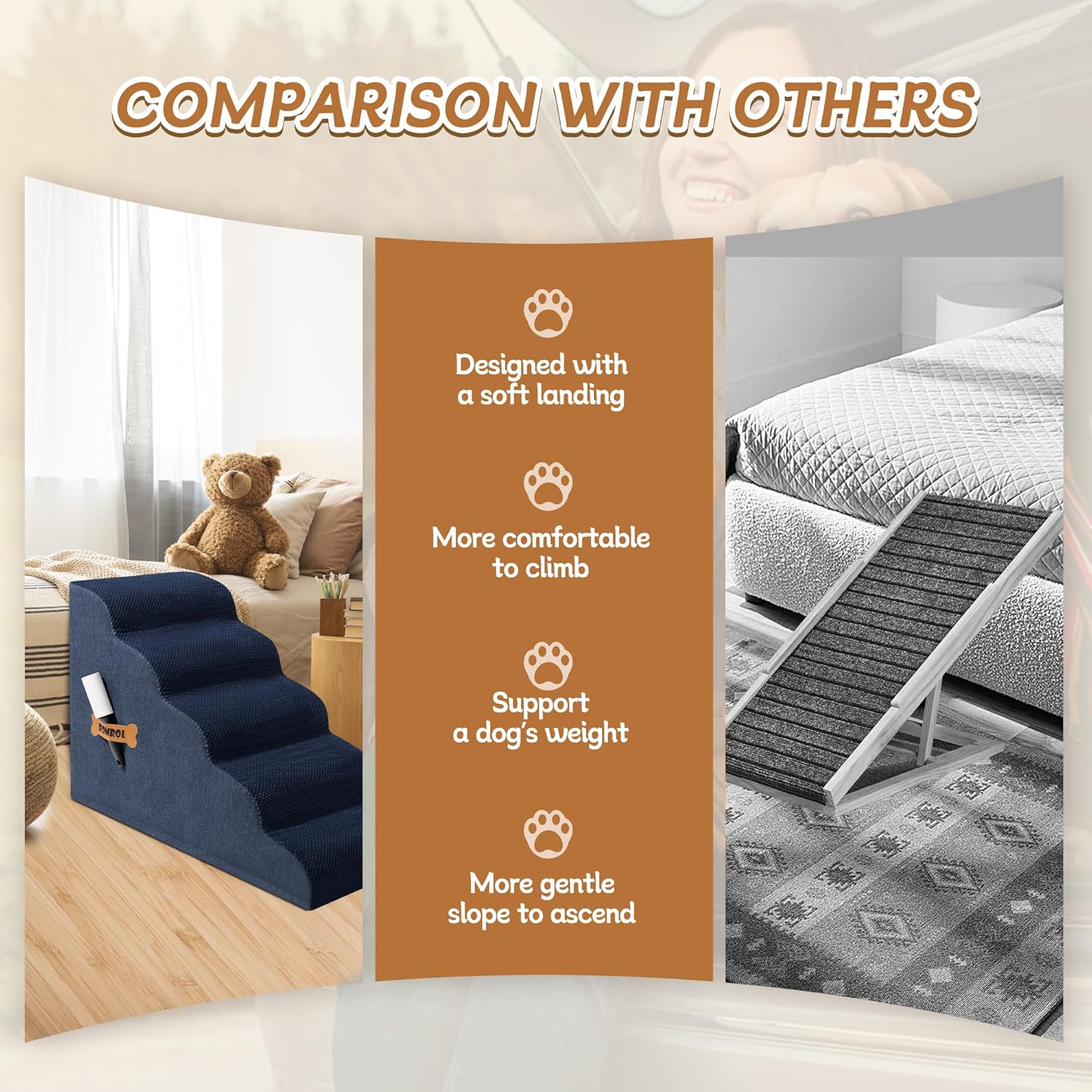 Dog Stairs, Romrol Dog Steps Ramp for High Bed and Couch, Dogs Ramp with Durable Non-Slip Waterproof Fabric Cover, Pet Stairs for Small Dogs and Cats or Pets Joints, 4-TiersNay - Pawvie