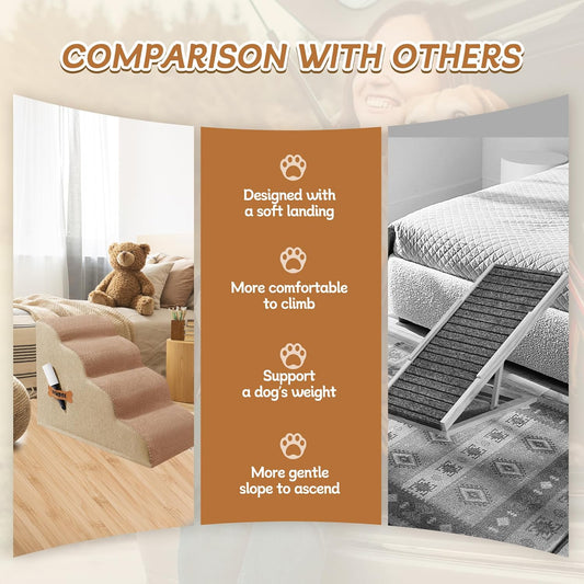 Dog Stairs, Romrol Dog Steps Ramp for High Bed and Couch, Dogs Ramp with Durable Non-Slip Waterproof Fabric Cover, Pet Stairs for Small Dogs and Cats or Pets Joints, 4-TiersLight Brown - Pawvie
