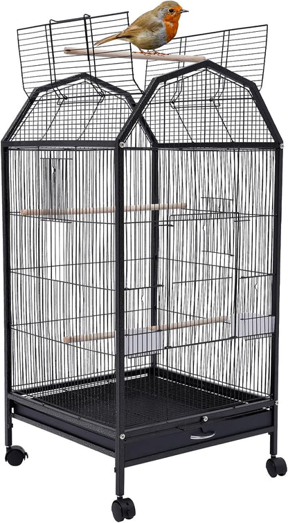 40-Inch Wrought Iron Bird Cage with Open-Top and Rolling Stand, Movable Parrot Cage Pet Bird Flight Cage, 360 Degree View Spacious Interactive Roof Pet Bird House for Medium&Small Birds