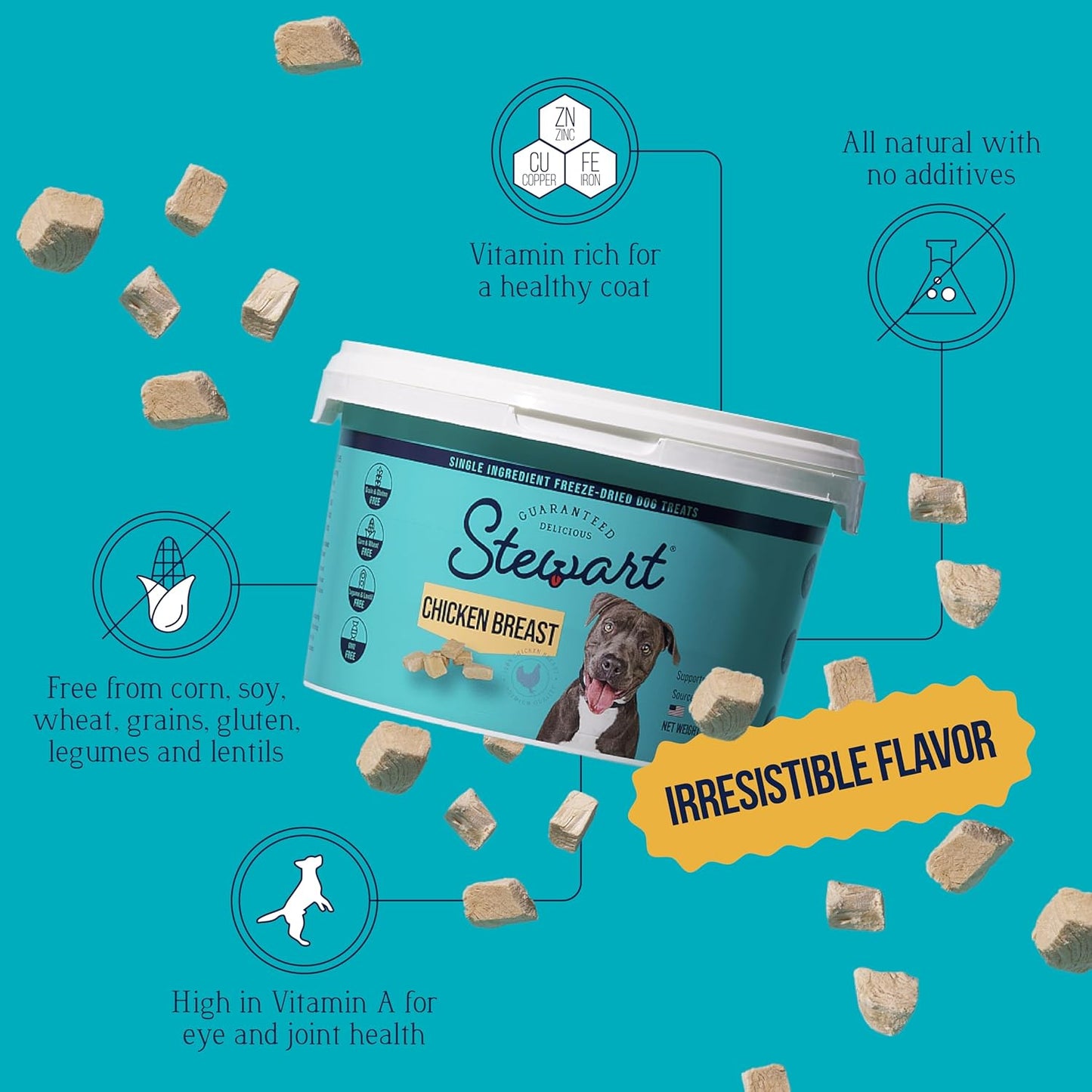 Stewart Chicken Breast Dog Treats, 14.8 oz, ~280 Pieces, Freeze Dried Raw, Single Ingredient, 74% Protein Training Treats or Meal Topper in a Value Size Resealable Tub, Grain Free, Gluten Free