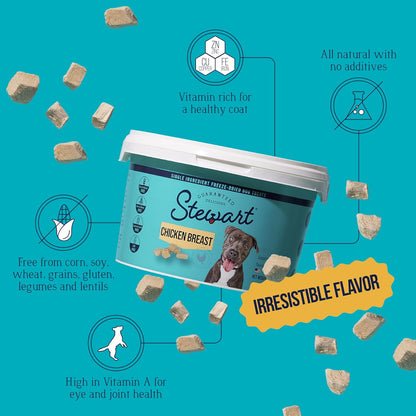 Stewart Chicken Breast Dog Treats, 14.8 oz, ~280 Pieces, Freeze Dried Raw, Single Ingredient, 74% Protein Training Treats or Meal Topper in a Value Size Resealable Tub, Grain Free, Gluten Free