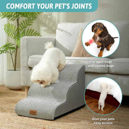 Dog Stairs for Small Dogs 15.7" H, Curved Dog Step for Puppy, Older Cat, Medium Pet Ramp for Sofa, Couch or Chair, Ladder with High Density Foam, 15.7x22.4x15.7 inch, 3 Step, White Black - Pawvie