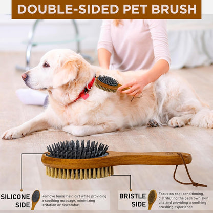 TAKAVU Short Hair Dog & Cat Deshedding Brush - Double Sided Grooming Tool with Silicone Massage & Bristle Sides - Removes Loose Fur & Dirt - Wood Handle