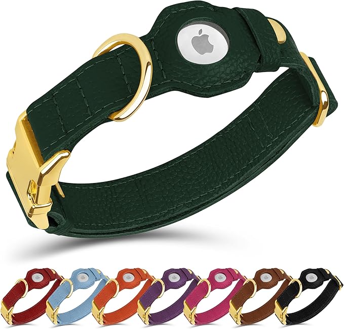 Leather Airtag Dog Collar - Soft Tracking Dog Collar with Apple AirTag Holder and Metal Buckle - Safety GPS Pet Collars for Small Medium Large Dogs Puppy Pink Red (Green, XS, 9"-12" Neck Fit)