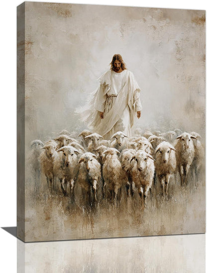 Jesus and Lamb Wall Art Christian Jesus Lamb Canvas Wall Decor Christ Religious Pictures painting Print Framed Artwork Decorations Gifts for Living Room Bedroom Prayer Room Church 12"x16"
