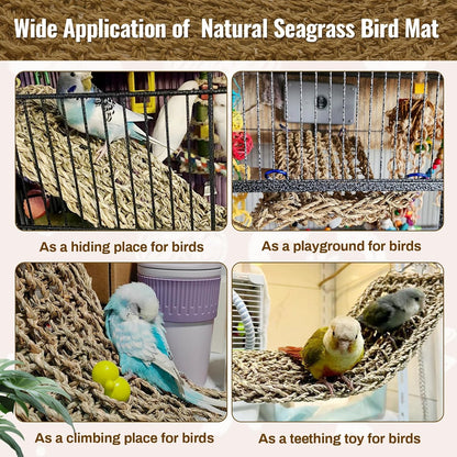2Pcs 29.5 x 7 inches Large Bird Seagrass Mat Grass Woven Net Parrot Hammock Mat Parakeet Climbing Rope Ladder with Hooks Bird Cage Accessories for Conure Cockatiel Budgie Macaw Bearded Dragon