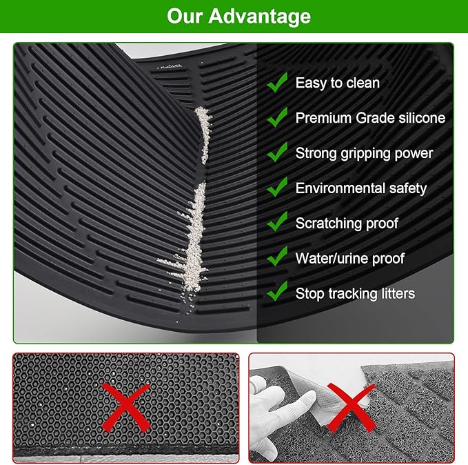 Gosmol Cat Litter Mat XXL 38" x 25" Extra Large Waterproof Trapping Mat with Raised Points, Easy Clean Litter Mat, Non-Slip Silicone Cat Mats for Litter Boxes & Floor-Black